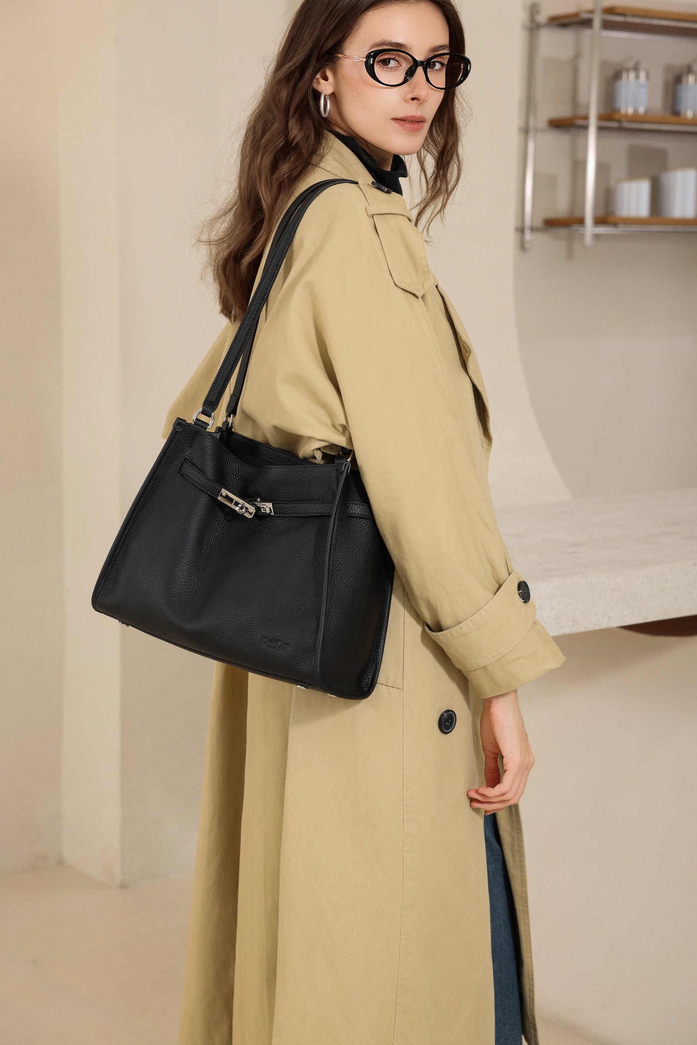 Embossed Leather Rectangular Buckled Purse