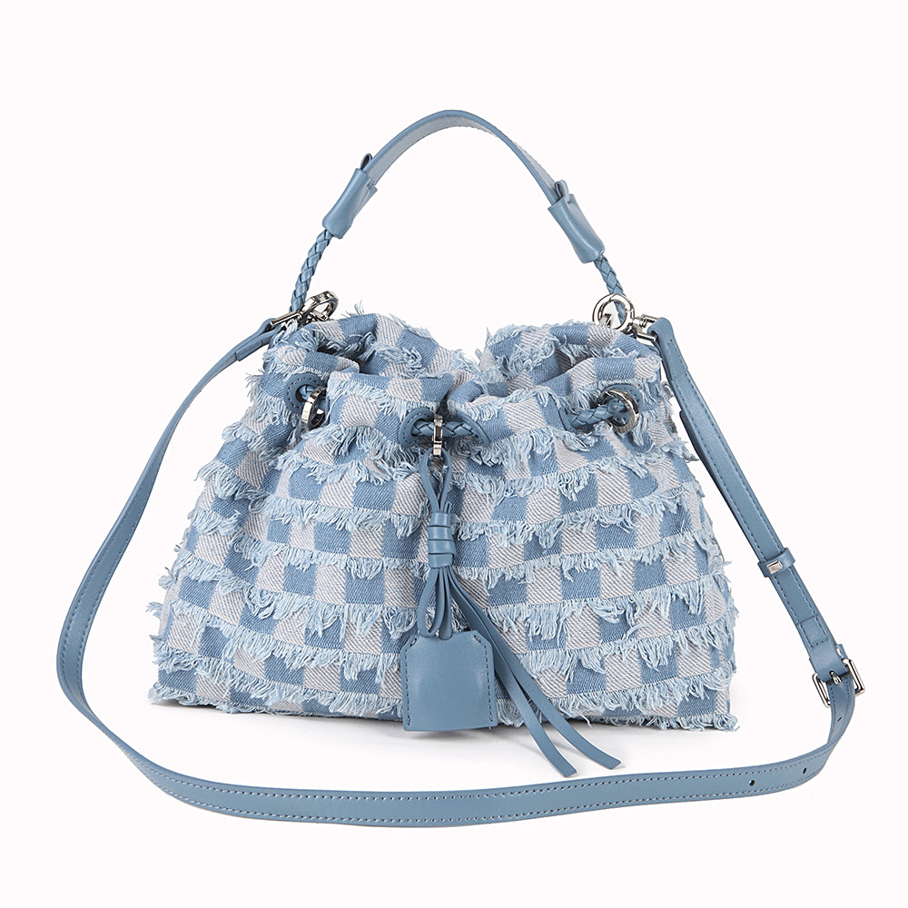 Denim Checkered Drawstring Pouch