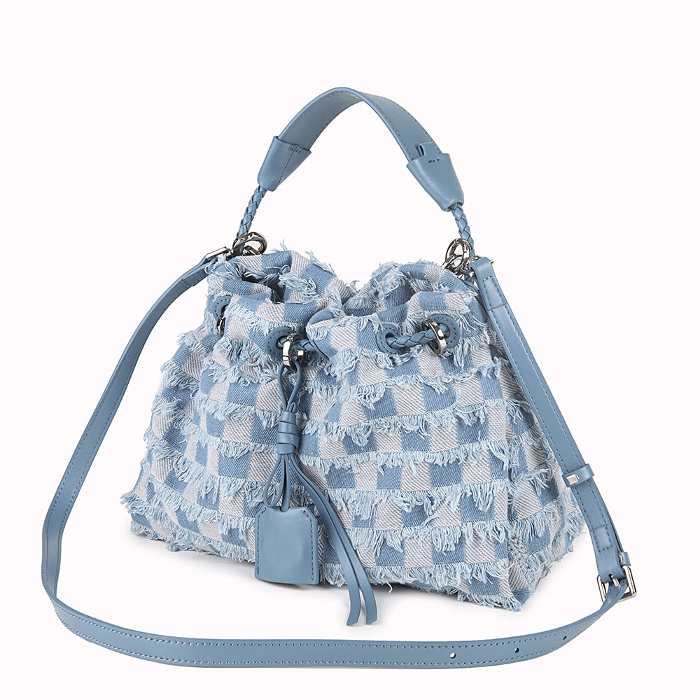 Denim Checkered Drawstring Pouch