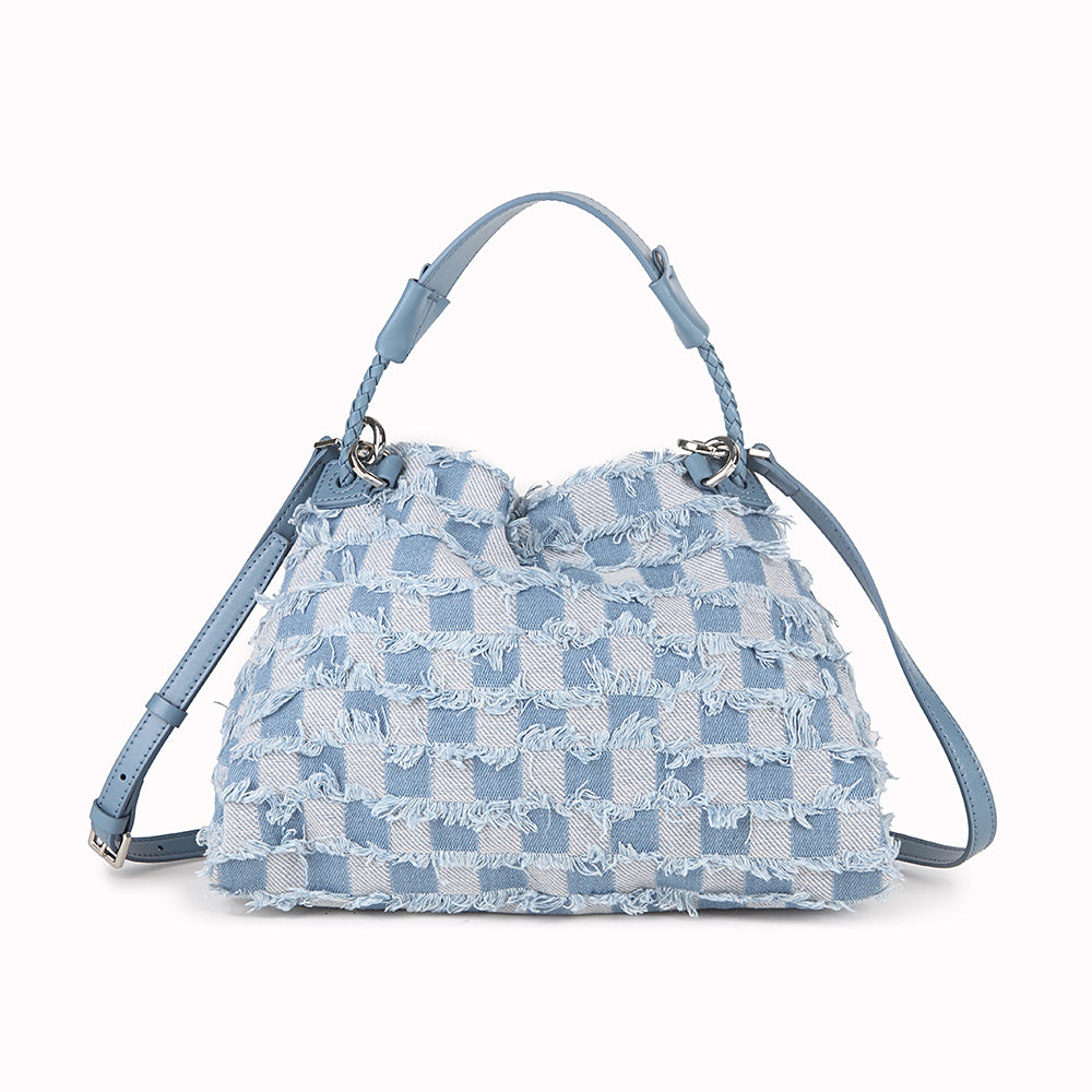 Denim Checkered Drawstring Pouch