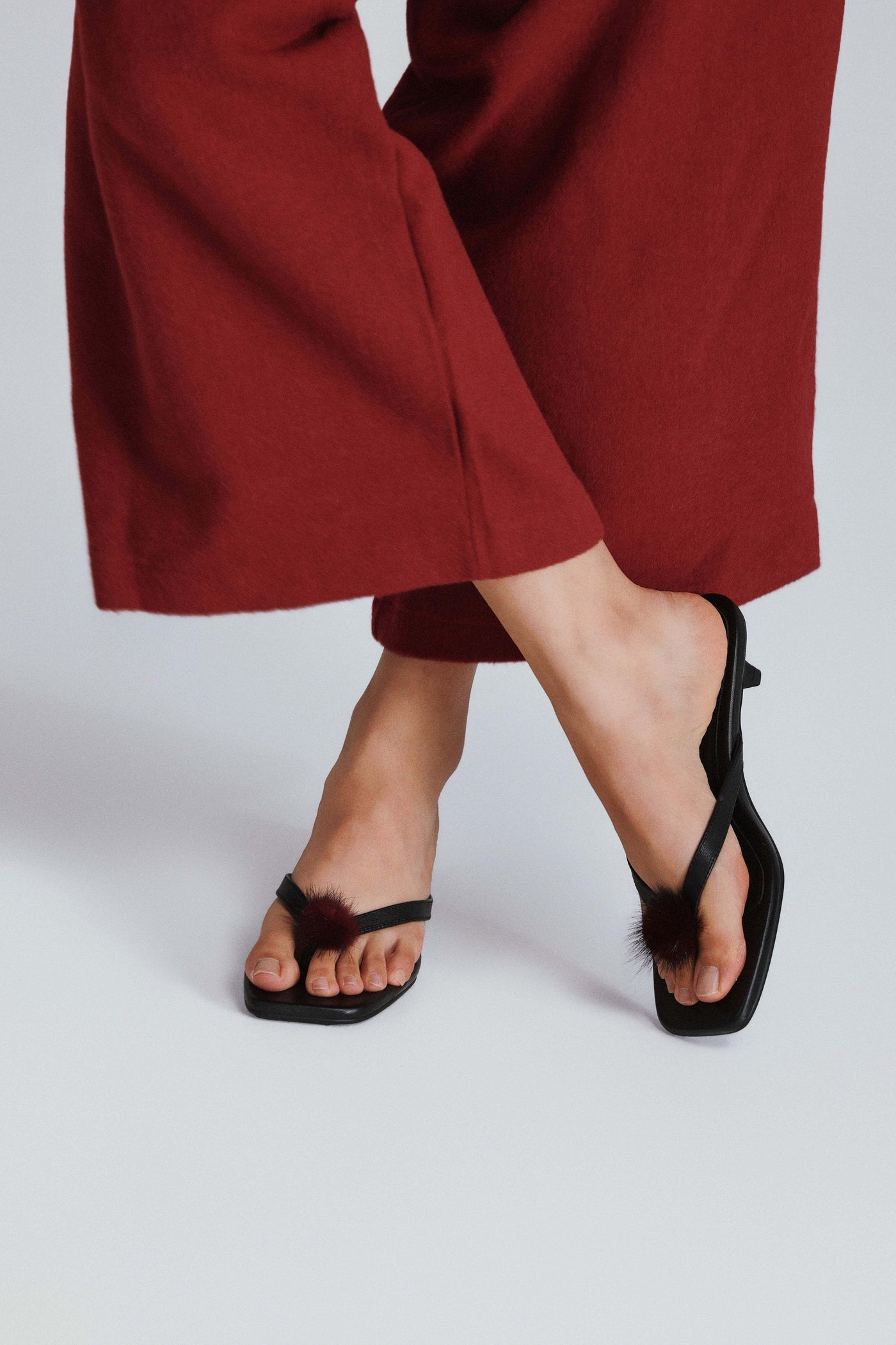 Pom-pom Square Toe Kitten Heel Sandals