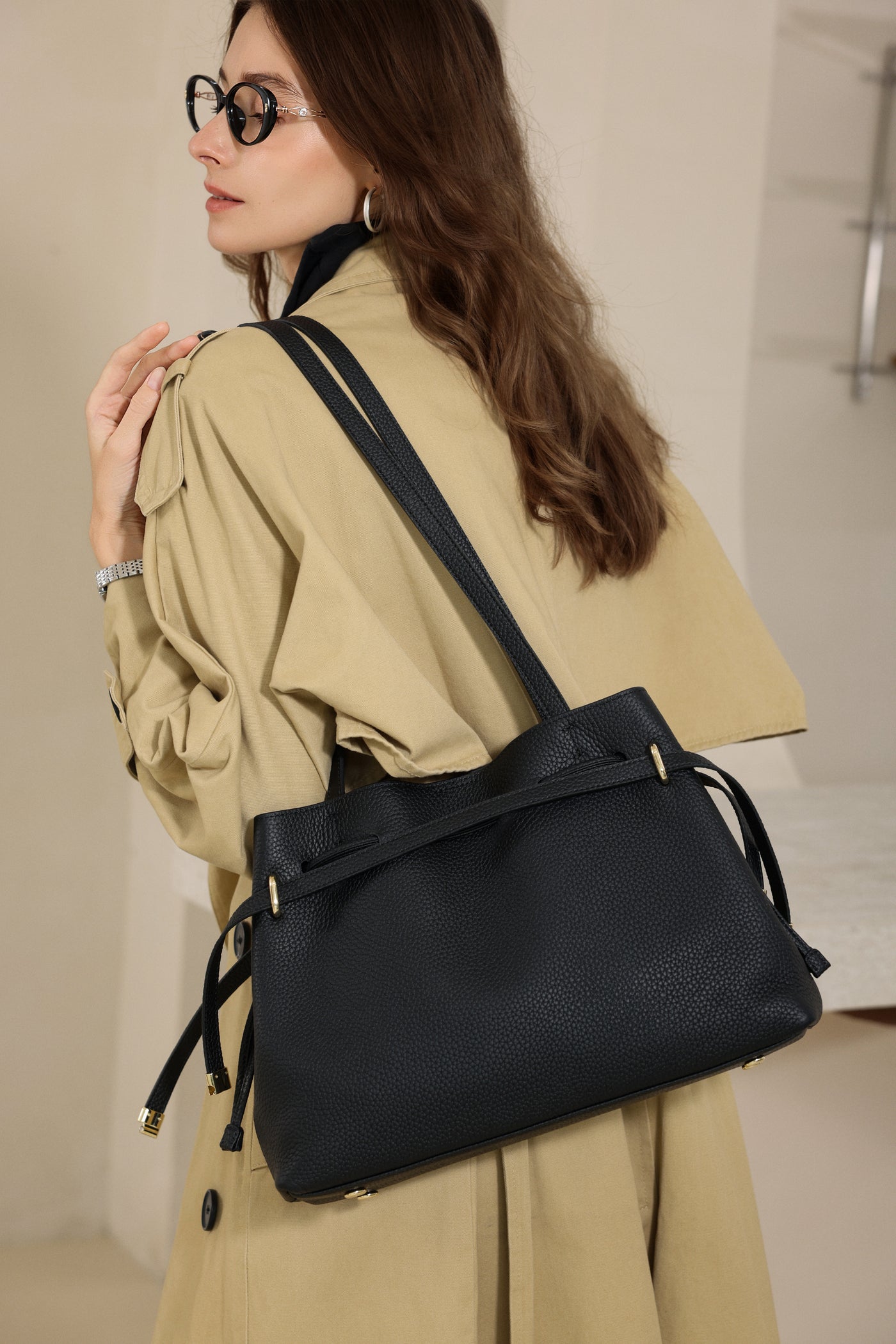 Medium Drawstring Scrunch Leather Bag