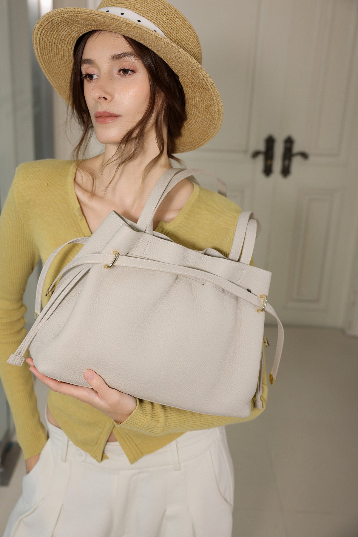 Medium Drawstring Scrunch Leather Bag