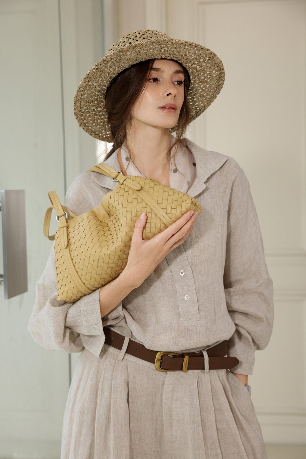 Weaved Drawstring Scrunch Leather Bag