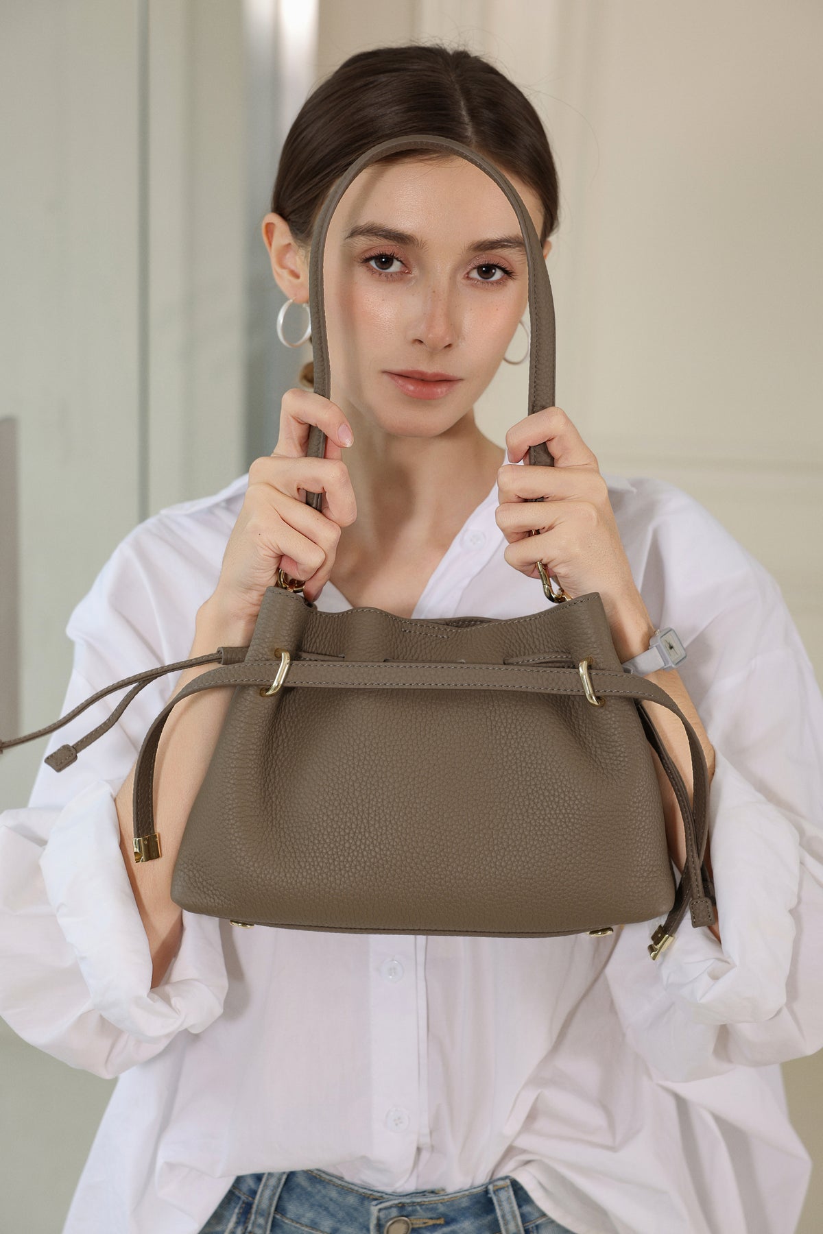 Small Drawstring Scrunch Leather Bag