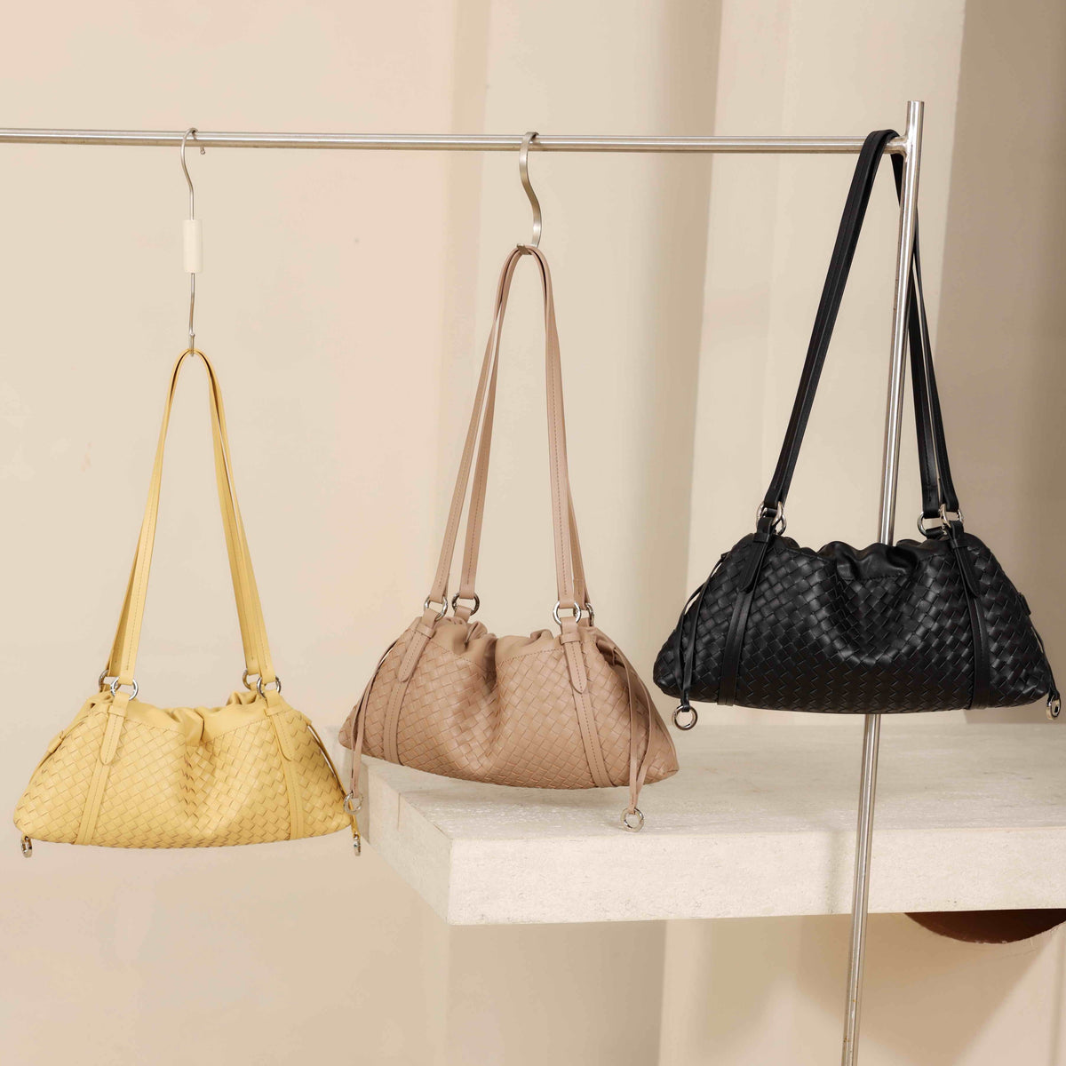 Weaved Drawstring Scrunch Leather Bag