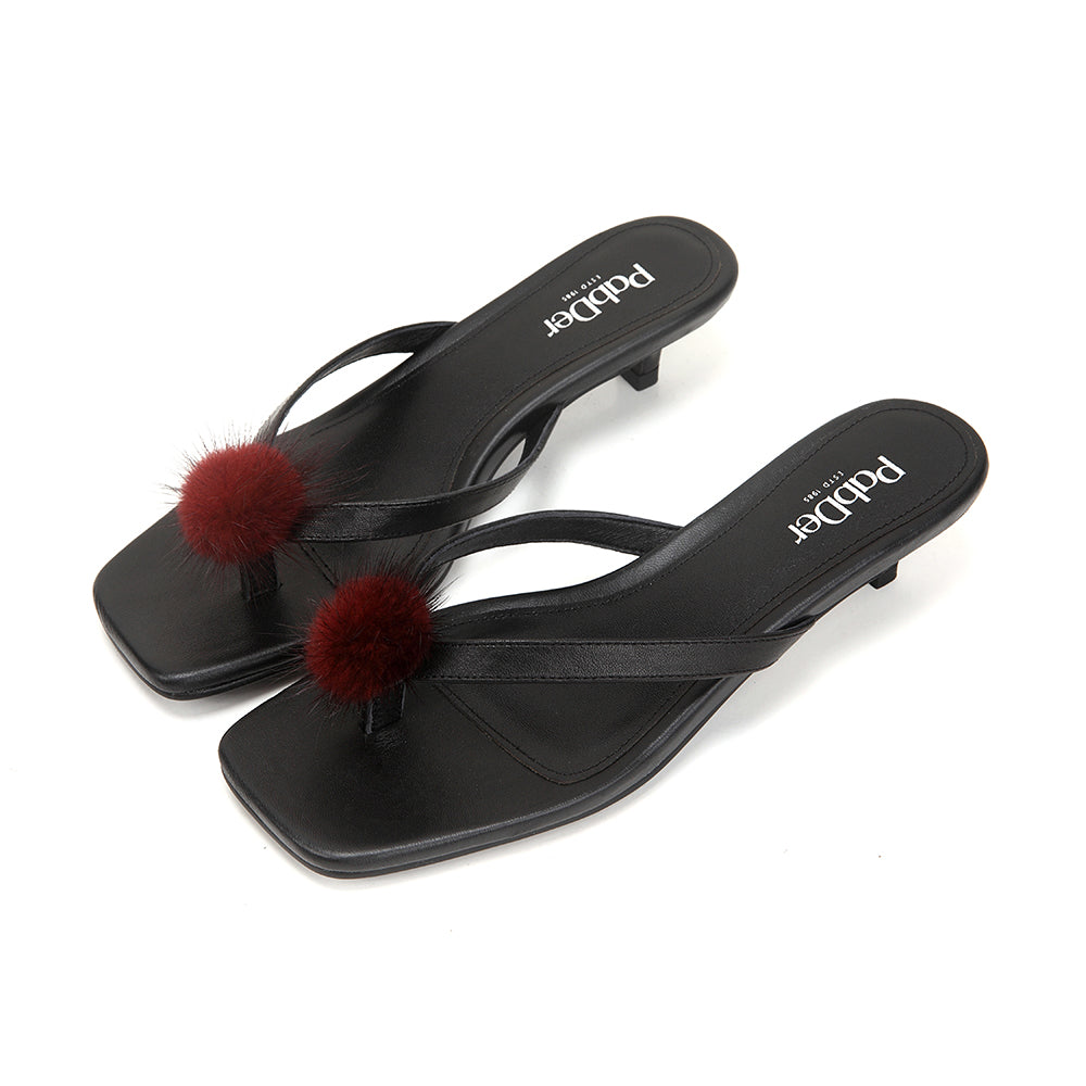 Pom-pom Square Toe Kitten Heel Sandals