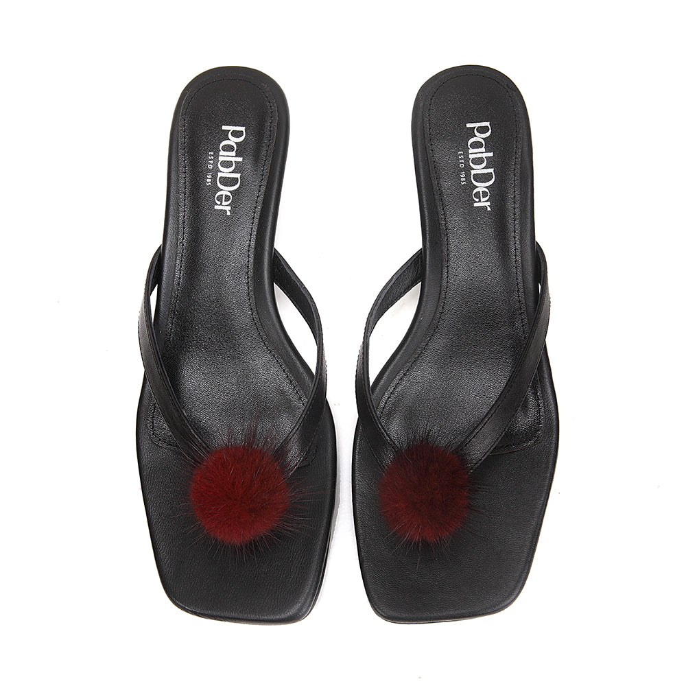 Pom-pom Square Toe Kitten Heel Sandals
