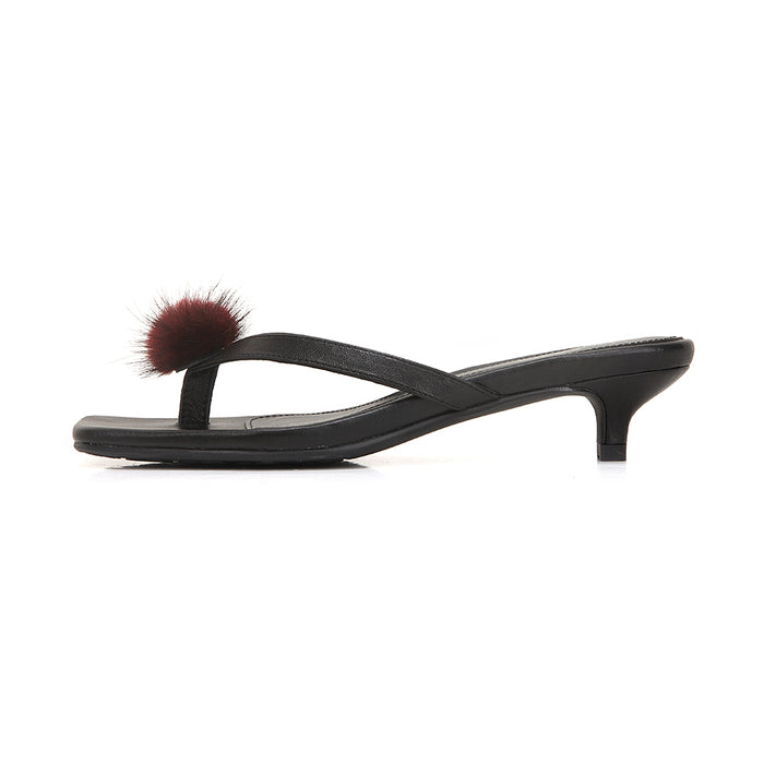 Pom-pom Square Toe Kitten Heel Sandals
