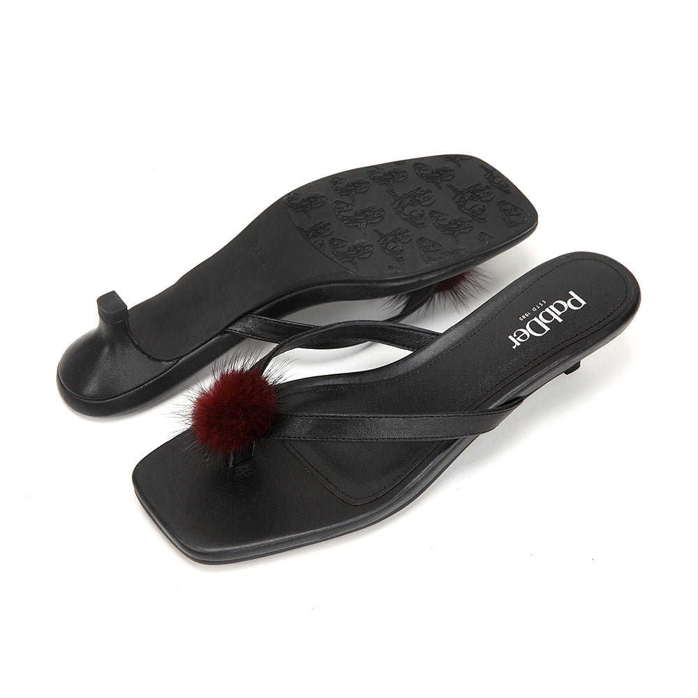 Pom-pom Square Toe Kitten Heel Sandals