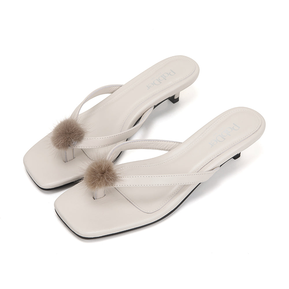 Pom-pom Square Toe Kitten Heel Sandals