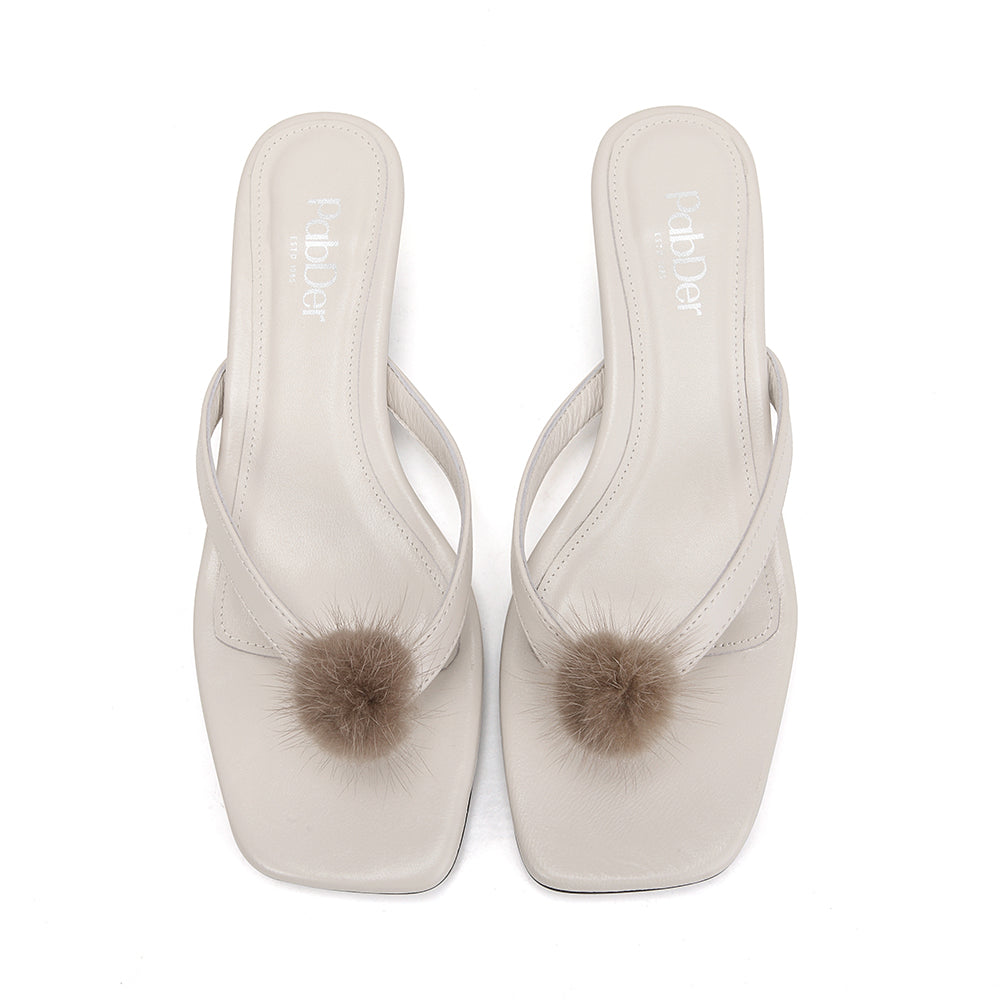 Pom-pom Square Toe Kitten Heel Sandals