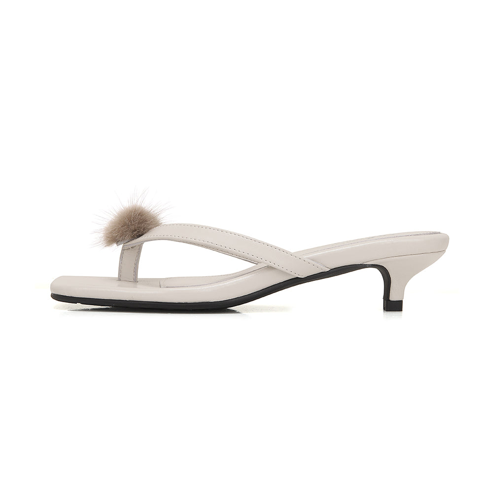 Pom-pom Square Toe Kitten Heel Sandals
