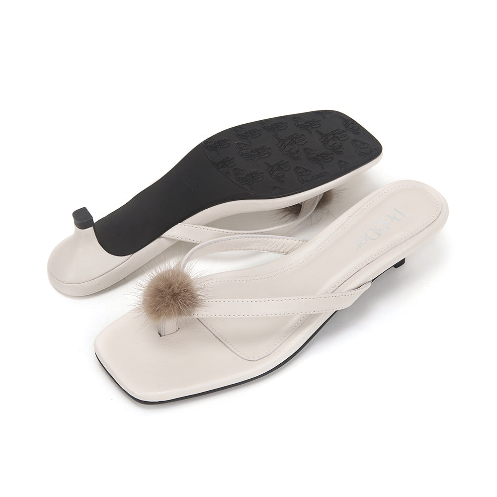 Pom-pom Square Toe Kitten Heel Sandals