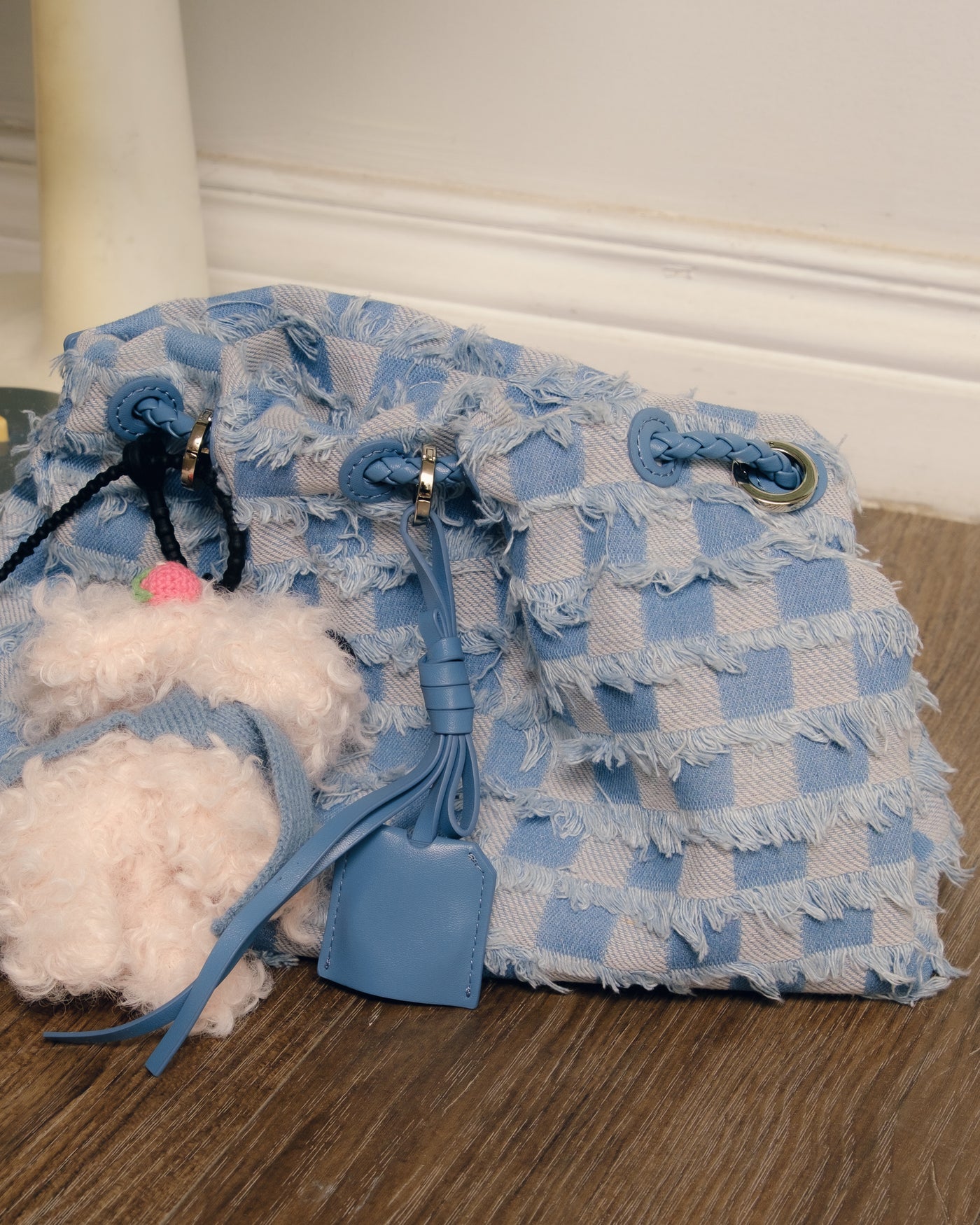 Denim Checkered Drawstring Pouch